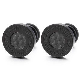 10mm Men Steel Black Greek Key Stud Earring with Carbon Fiber, Cheater Fake Ear Plugs Gauges(CA)