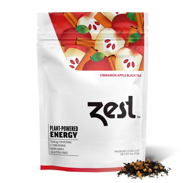 Zest - Mezcla de hojas sueltas con alto contenido de cafeína de 150 mg, té negro de manzana y canela, 4 onzas, alternativa al café saludable con sabor fuerte y natural, sustituto altamente cafeínado, perfecto para la dieta Keto