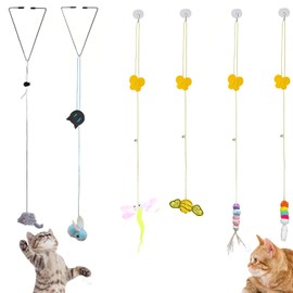 QOOWFEANIG 6 Pcs Cat Toys for Indoor Cats Set Hanging Interactive Toys Kitten Mental Exercise Toys Stimulate Hunting, Interactive Real Feather Cat Toy for Indoor Cats Kitten Play Chase Exercise