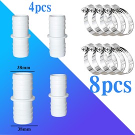 4 x Hose Connectors 38 mm to 38 mm Diameter Set with Hose Clamp Double Hose Nozzle 4 Pack Pool Hose Adapter with 8 x Universal Stainless Steel Hose Clamps