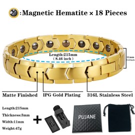 PUJANE Magnetic Bracelets for Men Women, 316L Stainless Steel Clasp Bracelet with Hematite Magnets, Germanium Energy Magnetic Jewelry Gift with Adjustment Tool (Gold)