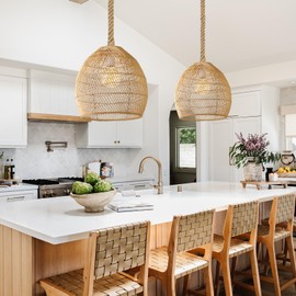 WalmHomie 1 Light Rattan Pendant Light Boho Coastal Wicker Chandelier Hemp Rope Hanging Light Fixture for Kitchen Island Bedroom Restaurants, 11.81''W x 11.81''H