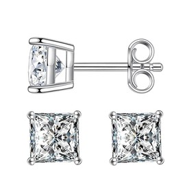 Delzzad S925 Princess Cut D Color VVS1 Synthetic Moissanite Stud Earrings Gift For Men Women (Silver, 3.0mm(0.3ct*2))