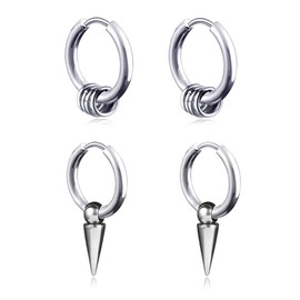 Mens Hoop Earrings With Cross Feather Cone Ball Chain Dangle Black Silver 316L Stainless Steel Punk Hip Hop Rock Gothic Style Kpop Earrings For Men Women Teen Boys Girls (Steel-1)