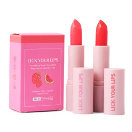 Lick Your Lips Watermelon Tinted Lip Balm and Strawberry Sugar Lip Scrub Stick Duo for Lip Repair, Deep Hydration, and a Soft, Radiant Pout