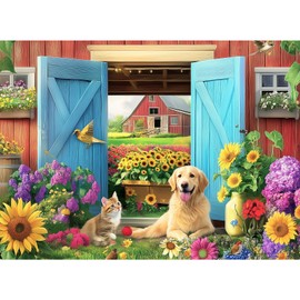 500 Piece Anilmal Farm Puzzle for Adults, Spring Flowers Jigsaw Puzzle, 500 Piece Dog and Cat Puzzle as Home Decor, Friends Family Activity Game Nights Gifts, 20.5×15 in
