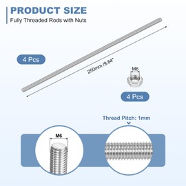 sourcing map 4Set M6-1.0x250mm Fully Threaded Rods, Threaded Rods Bar Studs with Nuts, 304 Stainless Steel Long Thread Screws Hardware for U-Bolts, Anchors, Clamps, Hangers, Silver