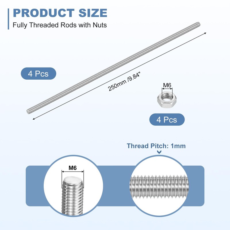 sourcing map 4Set M6-1.0x250mm Fully Threaded Rods, Threaded Rods Bar