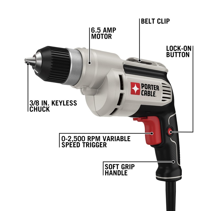 PORTER-CABLE Corded Drill, Variable Speed, 6-Amp, 3/8-Inch (PC600D)