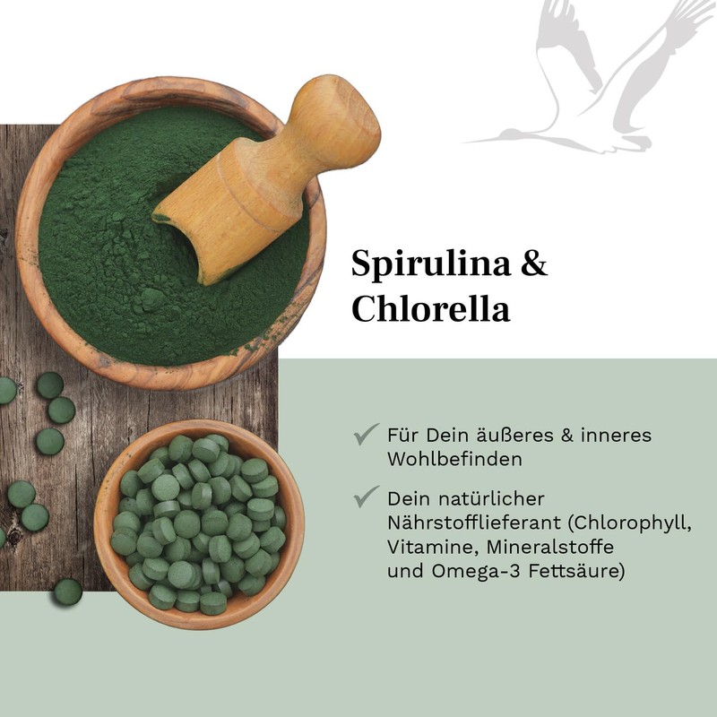 Spirulina and Chlorella 1600 mg - 600 Vegan Pellets for
