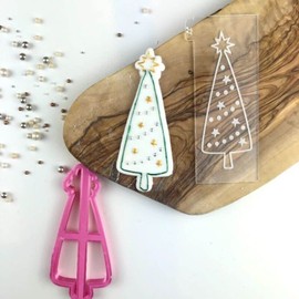LissieLou Christmas Tree Cookie Cutter and Embosser Christmas Icing Stamp Fondant Embosser - Light Pink/Clear