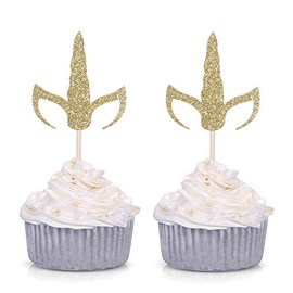 Set of 24 Gold Glitter Unicorn Horn and Ears Cupcake Toppers Baby Shower Kid's Birthday Party Decorations