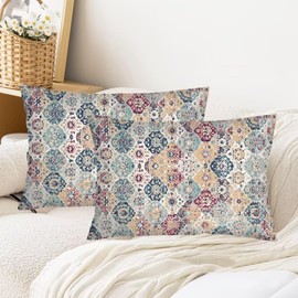 Boho Throw Pillow Cover Queen Size Set of 2,Moroccan Vintage Bohemian Flowers Lumbar Pillow Case Decorative Standard Pillow Cases with Zipper Farmhouse Cushion Covers for Bed,Sofa,Couch,20"x30"