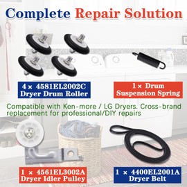 Upgraded Dryer Drum Roller Repair Kit - Fit for LG Ken-more DLE2516W DLE3170W DLE5955W DLE0442W, Including 4581EL2002C Dryer Drum Rollers(4-Pack),4400EL2001A Dryer Belt, 4561EL3002A Dryer Idler Pulley