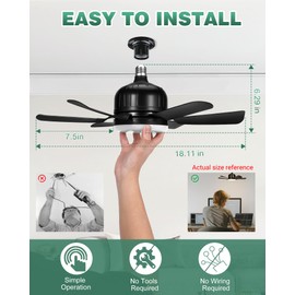 2-in-1 Socket Fan Light with Remote, 18'' Small Ceiling Fans with Lights, 3 Colors 3000K-6500K, 3 Wind Speeds, Modern ceiling fan with Dimmable Led Light Bulb for Bedroom Office Garage Kitchen, Black