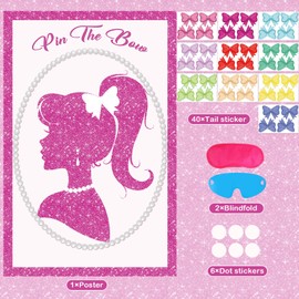 Hooqict Pink Birthday Party Decorations Girls Princess Party Games Pin The Bow on The Head Birthday Tea Party Favors Supplies, Large Pink Party Pin the Game Poster with 40 Bow Stickers