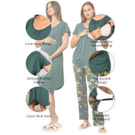 SUNNYBUY Women 3 PCS Maternity Nursing Nightgown Dress & Short Sleeve Breastfeeding Top & Pregnancy Pants Sleepwear Set, Teal&Floral Pants M