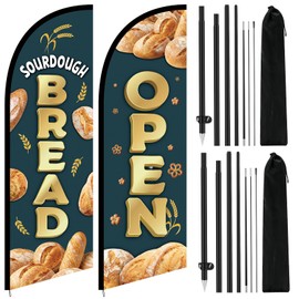 2 Pcs Sourdough Bread Open Flags Set: Include 8.2ft 1 Sourdough Feather Flag Sign and 1 Open Feather Flag with Pole and Ground Stake Business Custom Banner for Bread Shop Outdoor Advertising