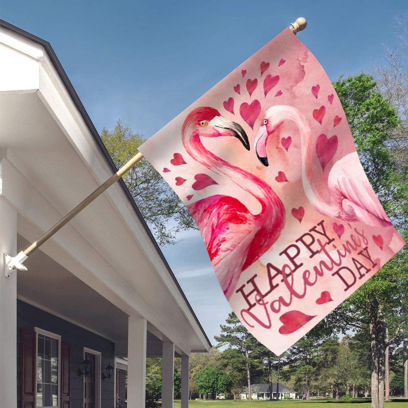 Morigins Happy Valentine's Day Decorative Love Heart Flamingo House Flag
