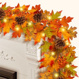6ft Fall Garland with Lights,Autumn Garlands with Berry Pine Leaves,Floraleaf Garland for Mantle Table, Thanksgiving Indoor and Outdoor Fall Decor