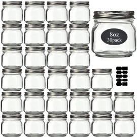 Rainforce Small Glass Mason Jars 8 oz 30 Pack With Silver Lids 1/4 Quart Can
