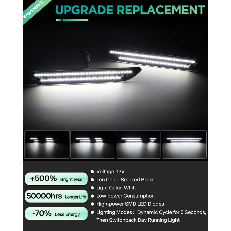 Dynamic White LED Side Marker Lights for Ford Mustang 2015-2023