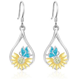 UYBNRK Butterfly Sunflower Earrings for Women 925 Sterling Silver Butterfly Earrings Dangle Drop Earrings Boho Bohemian Dangling Earrings Hypoallergenic Flower Butterfly Jewelry Gift for Women