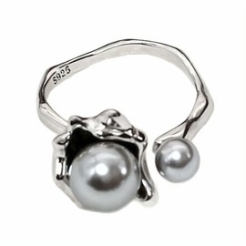 NicoWerk 925 Silver Women's Ring - Filigree Adjustable Silver Ring with Pearl, Flower Design, Pearl Ring 925 Silver for Women - SRI1057, Silver