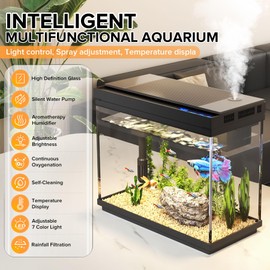 Vehipa Fish Tank, 2.4 Gallon Fish Aquarium, Fish Tank Starter kit with Smart Humidifier, Temperature Display, 7-Color Lighting, 3 in 1 Quiet Pump with Filteration & Oxygenation & Circulation