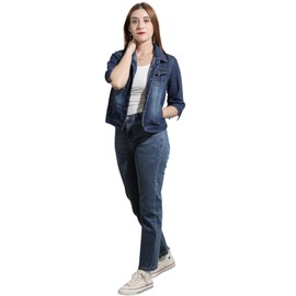 loveimgs Women Casual 3/4 Sleeve Button Down Cropped Denim Jean Jacket Motorcycle Short Jacket (Medium, Dark blue)