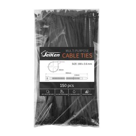 JelKen 150 Pack Black Cable Ties, 300mm x 3.6mm, 12" Nylon Tie Wraps, Self-Locking Strong Zip Ties for Home Office and Garden