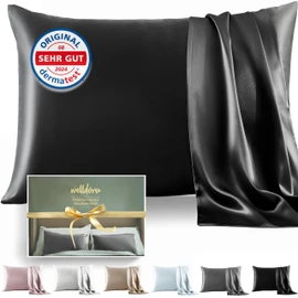 Welldora 100% Silk Cushion Cover, 40 x 80 cm, High Weight: 22 Momme, Ideal for Skin and Hair, Highest Grade 6A & YKK, Certified in Switzerland, Oeko-Tex* Silk Pillowcase, Graphite Black