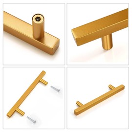 NIZADO 1PCS Gold Cabinet Handles, 4 Inch Polished Brass Drawer Pulls, Square Kitchen Cupboard Hardware, 6-3/10 Inch Overall Length