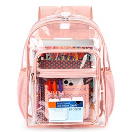 ZORFIN Clear Backpack Heavy Duty for School – 17in Transparent PVC Bag with Large Capacity & Reinforced Straps for Girls, Women - See Through Bookbag for College Workplace Security, Pink