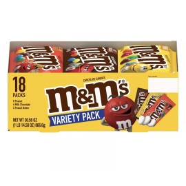 M&M'S VARIETY PACK CHOCOLATE CANDY SINGLE SIZE - 30.58oz - 18CT TO BOX