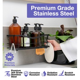 KINCMAX Premium Shower Caddy, Self Adhesive Shower Organizer w/ 4 Hooks, No Drill Shelves for Inside Shower, Rustproof Stainless Steel Shower Rack for Bathroom, Matte Black