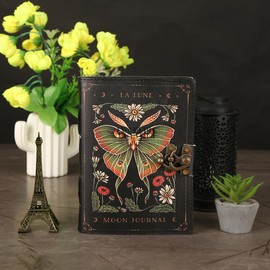 Ananyom Handmade Leather Journal, Luna Moth and Morpho Butterfly Moon Vintage Leather Notebook Diary Sketchbook, With 200 Blank White Paper, Unruled, Brass Clasp Lock Journal for Men & Women, Black