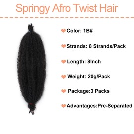 Mscat 20,3 cm vorgetrennte, federnde Afro-Twist-Haarverlängerungen, Kunsthaarverlängerungen, 3 Packungen, Marley Twist Crochet Braiding (8 Strähnen/Packung, 1B#)