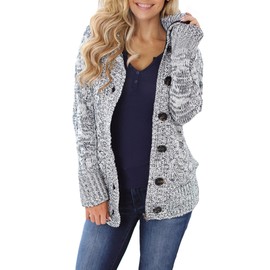 Sidefeel Women Hooded Knit Cardigans Button Cable Sweater Coat Large Grey