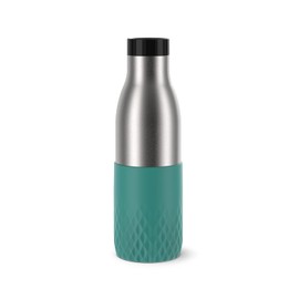 Emsa N31106 Bludrop Sleeve Drinking Bottle, 0.5 Litres, 100% Leak-Proof, Quick-Press Closure, Ergonomic 360° Drinking Enjoyment, 12 Hours Warm, 24 Hours, Dishwasher Safe Stainless Steel, Petrol
