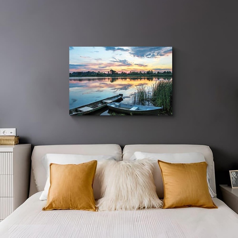Dream Land Country Lake Canvas Wall Art: Modern Sunset Landscape