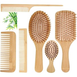 Peine de Madera Bambu, 6Pcs Cepillo Bambu Cabello, Peine de Madera para Masaje Antiestático, Cepillo para el Cabello, Peine para Masaje con Bolsa de  