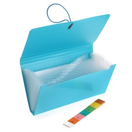 BTSKY Expanding File Folder - Blue, Plastic, 10.2in x 1in x 5.7in, 13 Pockets, Easy Subdivision, Fasten Rope Closure