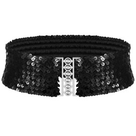 Sequin Wide Belt Women's Metal Buckles Shiny Waist Belt (Black), black