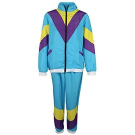 Foxxeo 80s Costume for Adults Premium 80s Tracksuit Assi – Men's Size S–XXXXL – Carnival Suit, Colour Turquoise Yellow Purple, Size: M.