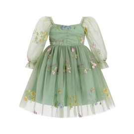 ODASDO Sage Green Flower Girl Dress, Toddler Floral Embroidery Fairy Tulle Tutu Princess Dress Baby Kids Sqaure Neck Mesh Long Sleeve Smocked Ruffle Dress for Wedding Birthday Party Sage Green 5-6Y