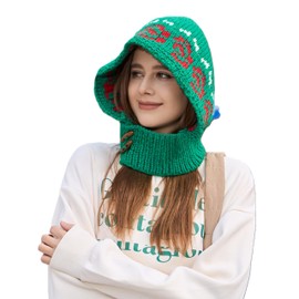 Wander Agio - Gorro de mezcla de lana para mujer, hecho a mano, gorro, gorro, tela floral, con botones, gorro cálido y cuello, Rojo Verde 4, One Size