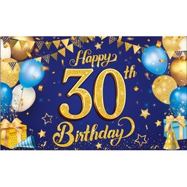 KatchOn, Blue and Gold 30th Happy Birthday Banner - XtraLarge, 72x44 Inch | Happy 30th Birthday Banner for Her | 30th Birthday Banner for Happy Birthday Decorations | 30 year old birthday banner