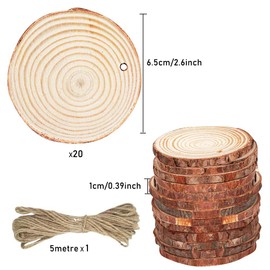 UOWAN 20 PCS Natural Wood Slices 6-7CM Round Wooden Discs Wood Log Slices Drilled Hole Unfinished Wooden Circles with 5 M Natural Jute Twine For DIY Crafts Wedding Decorations Christmas Ornaments