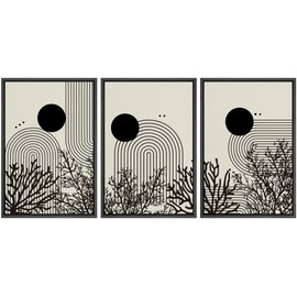 SIGNLEADER Framed Canvas Print Wall Art Set Duotone Geometric Ring Forest Plant Landscape Abstract Shapes Illustrations Modern Art Boho Decorative for Living Room, Bedroom, Office - 16"x24"x3 BLACK